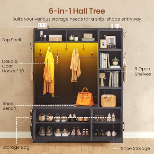 Itaar Hall Tree with Bench and Shoe Storage, Farmhouse Entryway Bench with Coat - Image 3