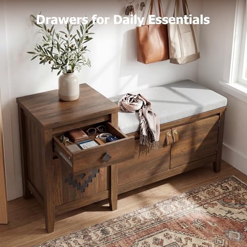 Entryway Bench with Storage, 3 in 1 Storage Bench with 1 Drawer and 2 Cubbies - Image 3