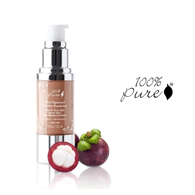 100% PURE Healthy Foundation Full Face Coverage Makeup, Liquid Matte Finish with Anti-Aging Benefits - Vegan Gorgeous Fruit Pigmented Toffee Color (Tan with Neutral Undertone) - 1 Fl Oz