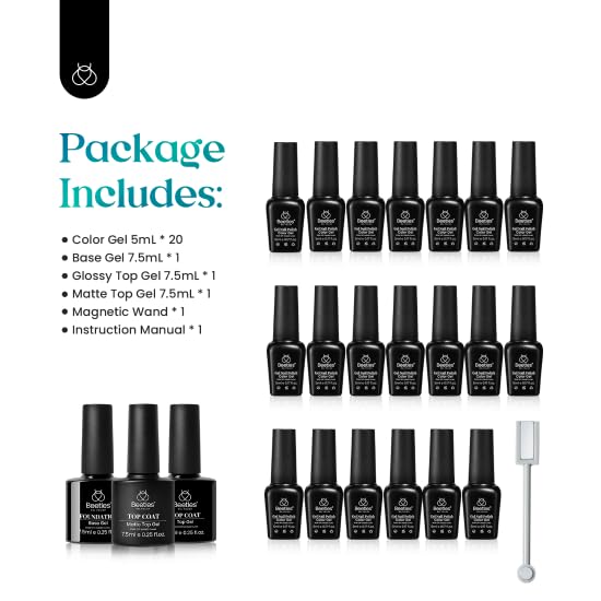 Beetles Cat Eye Gel Polish Set - 24Pcs 20 Colors Glitter Dark Color Changing Gel Nail Polish Kit with Base Gel Glossy Matte Top Coat Soak off UV DIY Nail Art Salon Ombre Black Nails Gift