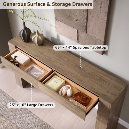 OKD 63" Console Table with Drawers, Thick Block Entryway Table, Alder Grey - Image 4