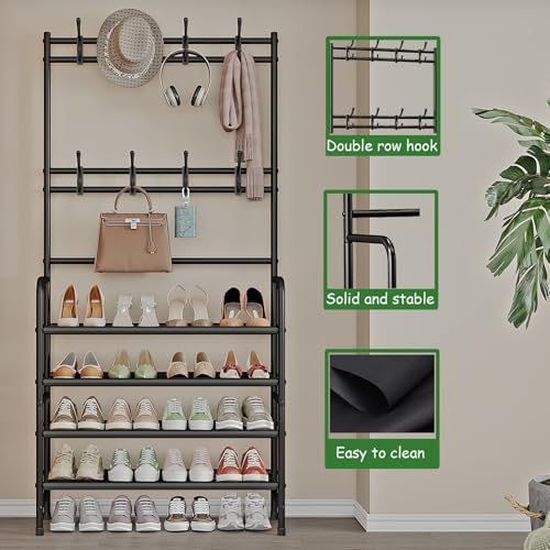 Coat Rack Shoe Rack With Storage Hooks Standing Organizer 4 Tier - Image 4