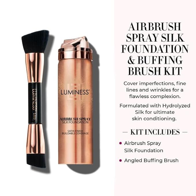 LUMINESS Silk Airbrush Spray Foundation 2-PC Kit - Foundation & Dual-Sided Angled Makeup Brush - Buildable Coverage, Anti-Aging Formula, Humidity Resistant, Hydrates & Moisturizes, Warm