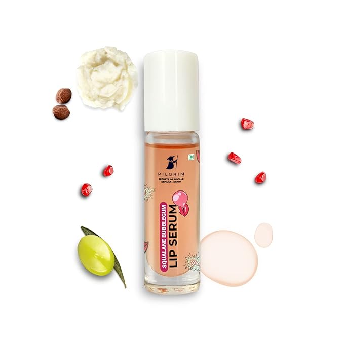Pilgrim Squalane Bubblegum Lip Serum | Enriched with Shea Butter & Pomegranate Extract | Hydrating Lip Plumper Serum | Repairs Cracked Lips | Reveals Soft & Glossy Lips | 0.20 Fl Oz/6ml