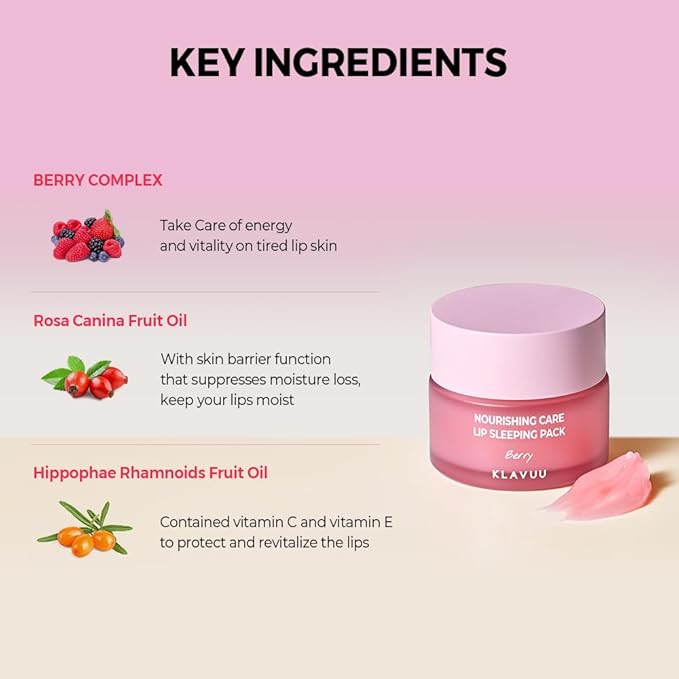 Klavuu Nourishing Care Lip Sleeping Pack (Vanila & Berry) - Overnight Exfoliating & Nourishing Lip Treatment Balm for Dry Lips - Natural Moisturizing Lip Oil - Lip Balm to Repair & Protect Lips
