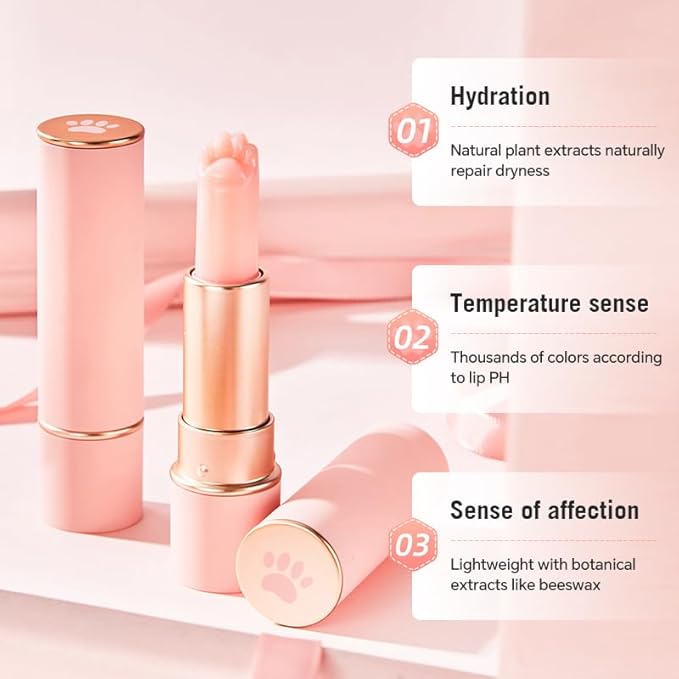 2PCS Thermochromic Lip Balm,Cat Paw Shaped Color Changing Lip Balm, Mini Cute Moisturizing Lip Balm, Long Lasting Lip Balm for Dry Lips Temperature Change Fruit Jelly Lipstick for Female Student