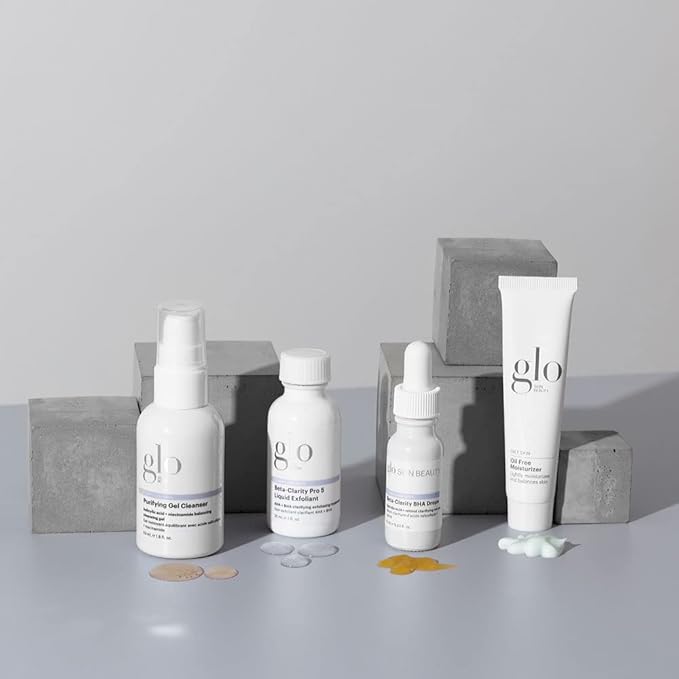 Glo Skin Beauty Clarify + Balance Skincare Set for Breakout Prone Skin - Mini Purifying Gel Cleanser, Mini Oil Free Moisturizer, Mini Beta-Clarity BHA Drops, Mini Beta-Clarity Pro 5 Liquid Exfoliant