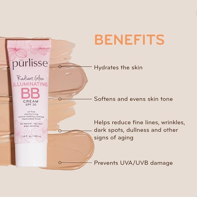 pūrlisse Radiant Glow Illuminating BB Cream with SPF 30 - Glow BB Cream Enriched with Goji & Hawthorn Berry for Dewy Skin - Helps to Improve Skin Texture & Radiance - Light (1.4 oz)