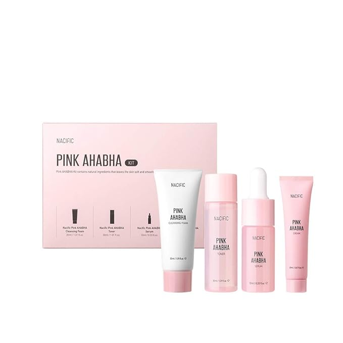 Nacific Pink AHA BHA Kit (Cleansing Foam, Toner, Serum, Cream) Travel Size Skin Care Set