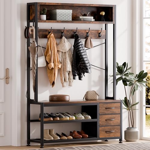 Hall Tree with Bench and Hooks, 39.4" Shoe and Coat Rack Entryway Organizer - Image 2