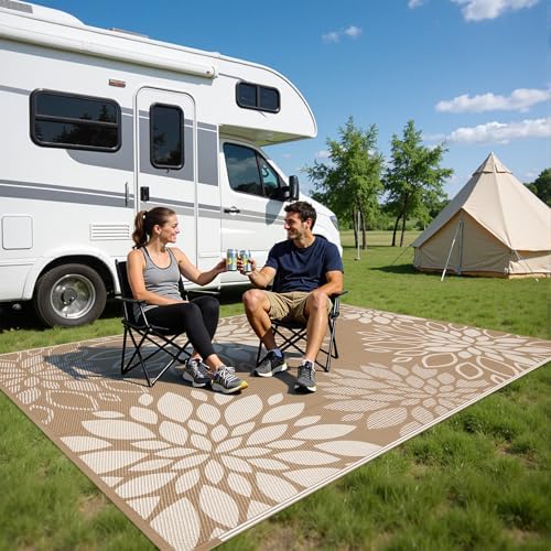 HEBE Waterproof Outdoor Rug 6'x9', Floral Reversible Plastic Patio Rug - Image 5