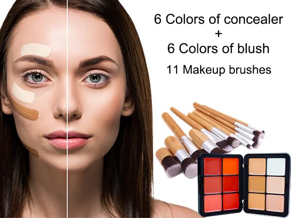 Cream Concealer Palette/Blush Palette Kit, 2 In One Blendable Blush Concealer Contour Set with 11 Pcs Complete Makeup Brush and Storage Bag, High Impact Buildable Color, Vegan & Cruelty Free
