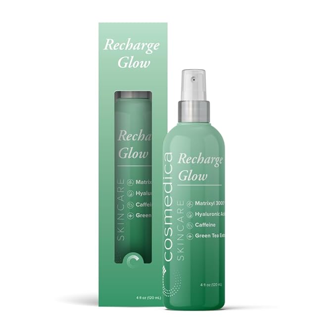 Cosmedica Skincare Recharge Glow Mist with Caffeine, Green Tea Extract, Hyaluronic Acid & Matrixyl 3000 for Energized Skin – 4 oz