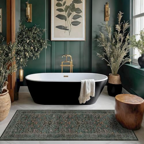 Dark Green 2x5 Runner Rug Non Slip Washable by HazoHaus