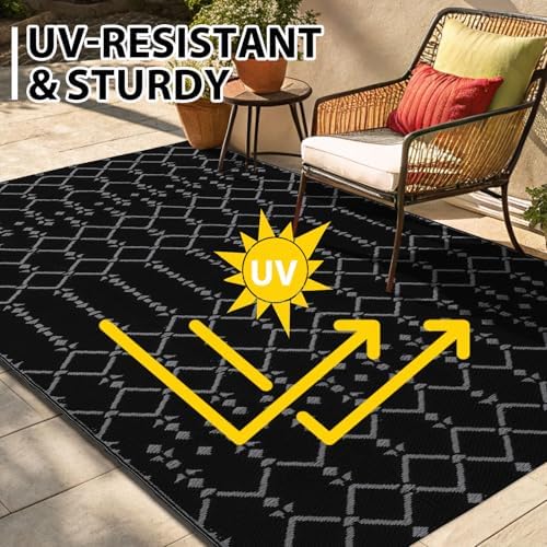 Smiry Outdoor Rug 6x9 ft Waterproof Reversible Boho Mat, Dark Grey - Image 5