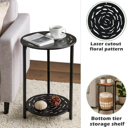 Extra-large 2-tier Metal Round Side Table Black 16" Accent Coffee Tables Small - Image 5