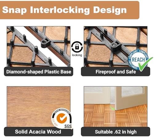 PrimeZone 297 PCS Solid Acacia Wood Interlocking Deck Tiles, Natural Wood - Image 4
