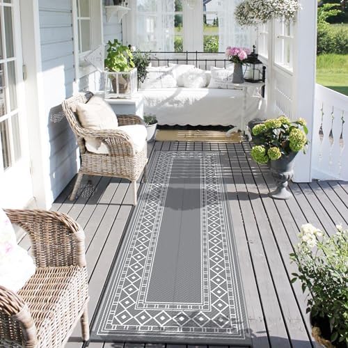 GENIMO Outdoor Rug, Waterproof Plastic Runner Rugs, 2.5'x8' Grey White - Image 2
