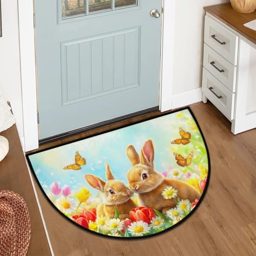 cfpolar Spring Easter Bunny Flower Half Round Door Mat Indoor Entrance Half - Image 2