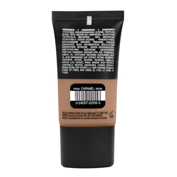 Palladio Powder Finish Liquid Foundation, Natural Matte Appearance, Reduces Fine Lines, Covers Large Pores, Hides Imperfections, All Day Wear, Sheer to Medium Coverage, Caramel