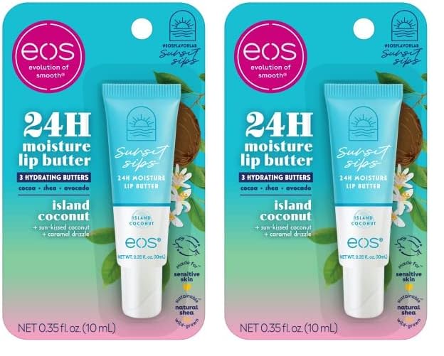 eos Sunset Sips Lip Butter Tube- Island Coconut, 24-Hour Moisture, Overnight Lip Mask, Lip Care Products, 0.35 fl oz (Pack of 2)