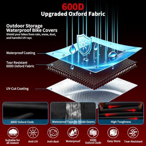 Bike Cover for 1-2 Bikes Waterproof Outdoor, 600D Heavy Duty Oxford Ebike Cover - Image 5