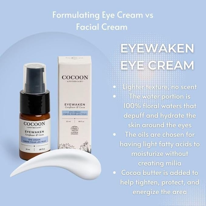 Eyewaken Eye Cream, Ecocert Cosmos Organic, Smooth Fine Lines, Firm + Protect, Cornflower, Cocoa, Argan Oil, Grapeseed Oil, Almond Oil, 0.68 fl oz