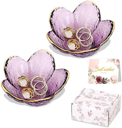 Gifts for Women Purple Flower Jewelry Dish Glass Ring Holder Decorative Jewelry by WELOCMETOBINOSTER