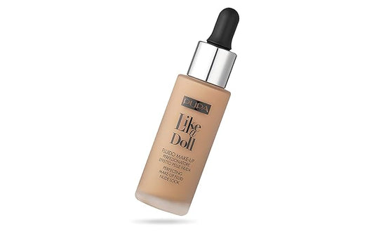 PUPA Milano Like A Doll Perfecting Make-Up Fluid Nude Look Foundation - Light Texture - Natural, Radiant Results - Nude Skin Effect - For All Skin Types - Blends Perfectly - Natural Beige - 1.01 Oz