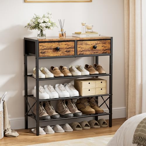 4 Tier Shoe Rack with 2 Drawers, 12-16 Pairs Rustic Brown - Image 2