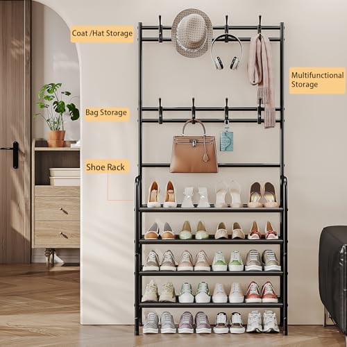 Coat Rack Shoe Rack With Storage Hooks Standing Organizer 4 Tier - Image 2