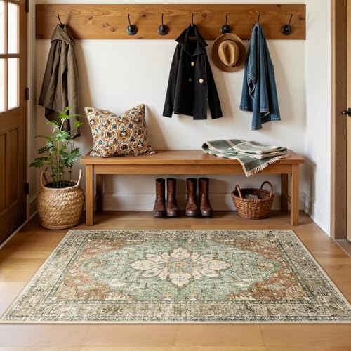 RELEANY Washable Area Rug, Brick/Brown/Green - Image 3
