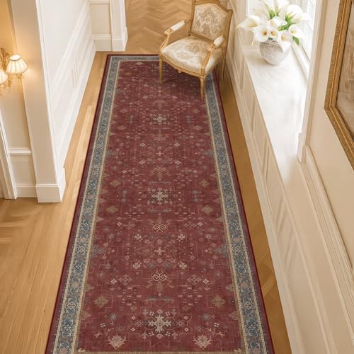 Dark Red 2'6''x8' Wide Hallway Runner Rug by HazoHaus