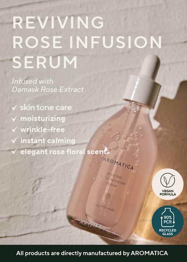 AROMATICA Reviving Rose Infusion Serum 3.38oz / 100ml, Vegan, Rejuvenating Hydration Serum, Vitality Serum for dry skin | with Damask Rose Water and Rose Oil