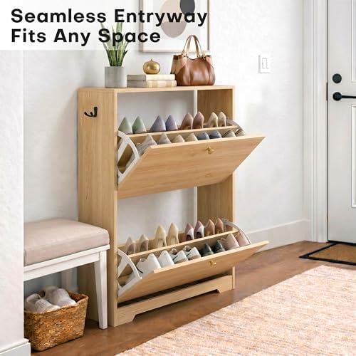 Nicetree Shoe Cabinet with 2 Flip Drawers, Entryway Storage, Natural Oak - Image 4