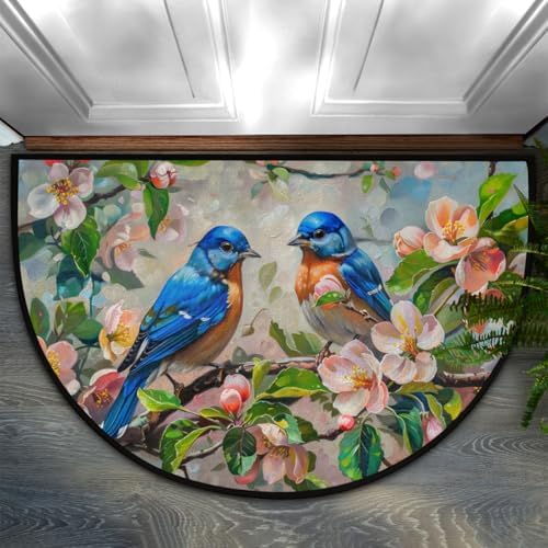 Flower Bird Oil Painting Half Round Door Mat Non-Slip Soft Doormats by cfpolar