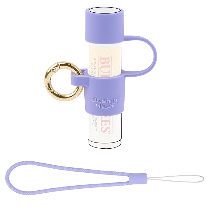 Desing Wish Silicone Lip Balm Holder with Cap Cover Portable Chapstick Holder Keychain Sleeve Lip Balm Key Chain with Key Ring and Wrist Strap Lanyard - Purple