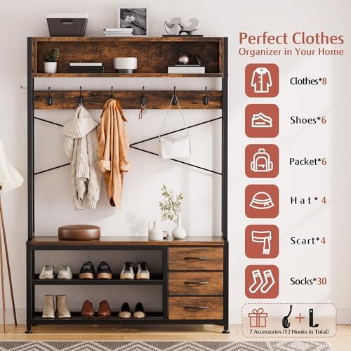 Hall Tree with Bench and Hooks, 39.4" Shoe and Coat Rack Entryway Organizer - Image 4