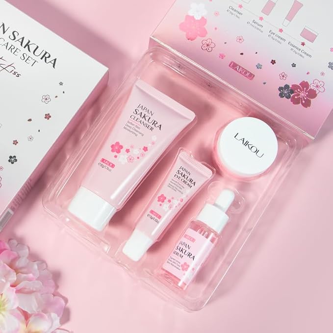 Skin Care Set JAPAN SAKURA Beauty Gift Sets Skin Care Kit with Cleanser, Serum, Eye Cream, Face Cream Travel Kit for Women Mom Wife Teen Girls Gentle Skin Cleaning TSA-friendly Sizes 4pcs