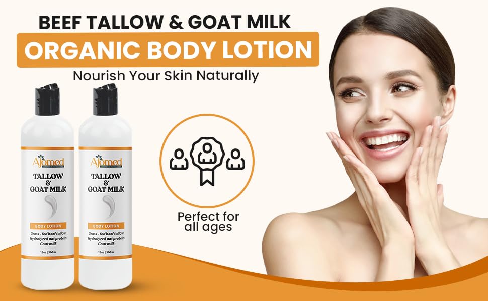 Grass Fed Beef Tallow & Goat Milk Body Lotion for Sensitive Skin, Organic Tallow Lotion - Soothes Dry Patches, Goat Milk Moisturizer - Handmade Tallow Body Lotion (Oatmeal & Honey, 8 Oz)