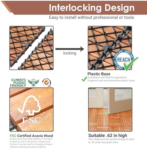 PrimeZone 9 PCS Solid Acacia Wood Interlocking Patio Deck Tiles Outdoor - Image 4
