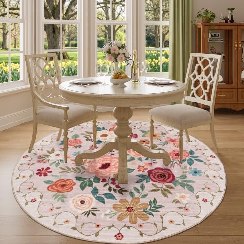 DUKINO 5ft Round Rug, Non Slip Floral Washable Small Circle Rug - Image 7