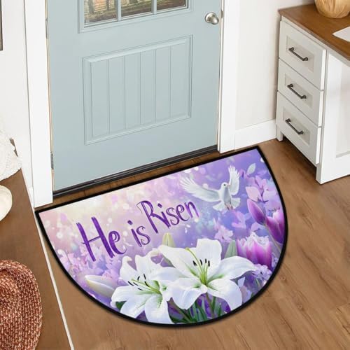 Easter White Lily He is Risen Half Round Door Mat Indoor Entrance Half Circle - Image 2