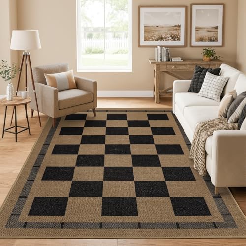 5x7 Checkered Jute Outdoor Rugs, Washable Rug - Image 2