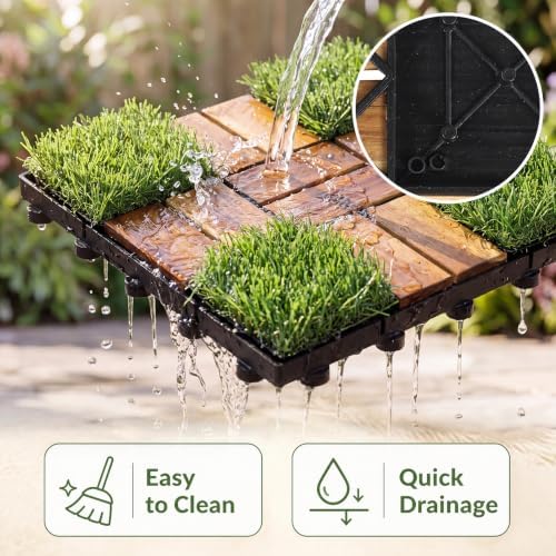 GIANTEX 30 PCS Interlocking Acacia Wood & Artificial Grass Deck Tiles - Image 6