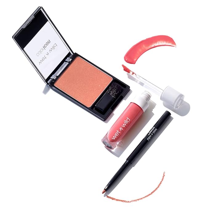 wet n wild Edit Makeup Set Peaches And Cream MegaLast Liquid Catsuit Peach Style, Color Icon Blush Pearlescent Pink, Perfect Pout Gel Lip Liner Think Flamingo