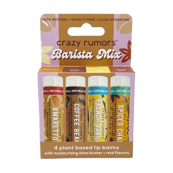 Crazy Rumors Barista Mix Lip Balm 4-Pack Mix (Amaretto, French Vanilla, Coffee Bean & Spiced Chai) 100% Natural, Vegan, Plant-Based, Made in USA