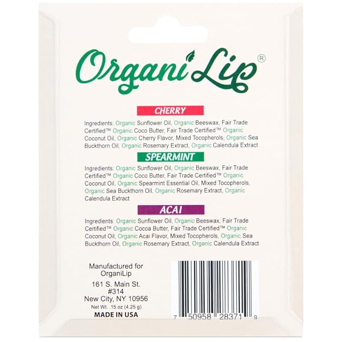 OrganiLip Organic Lip Balm, Variety3 Pack (Spearmint, Cherry, Acai), Ultra Hydrating Lip Moisturizer for Dry Lips, USDA Certified Organic,