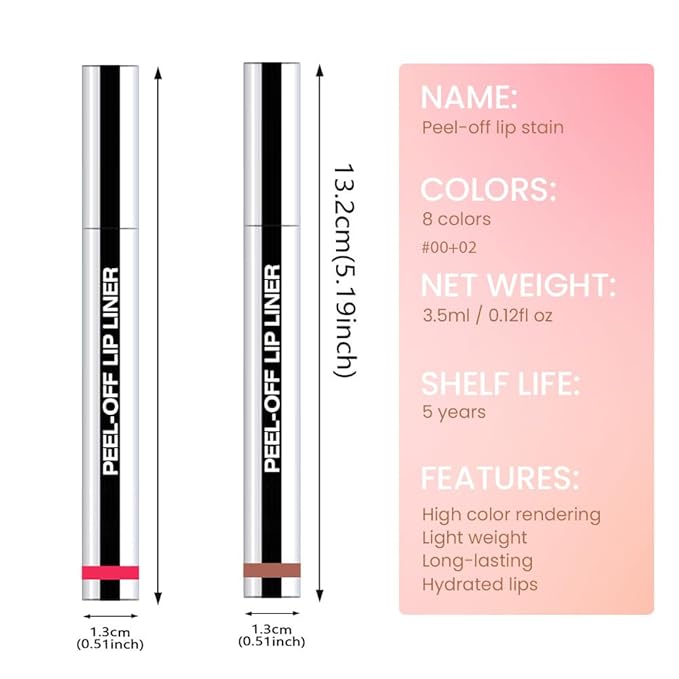 2 Pcs Matte Liquid Lip Stain Peel Off Lip Liner, Long Lasting Lip Tattoo, Waterproof & Transfer-Proof Lip Liner Peel Off Lip Gloss for All Skin Types.#00+#02