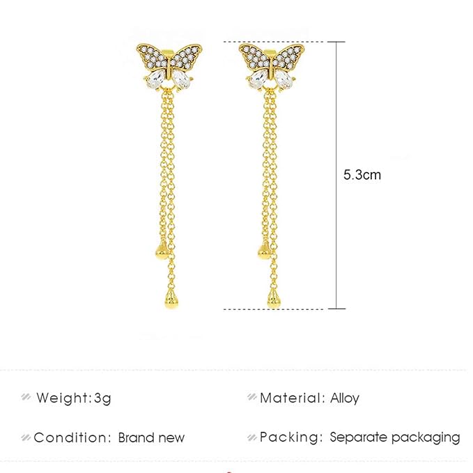 Vintage Crystal Butterfly Stud Earrings Gold Long Chain Earrings Thin Drop Chain Earrings Cz Paved Butterfly Earrings Retro Hanging Chain Earrings Jewelry for Women and Girls